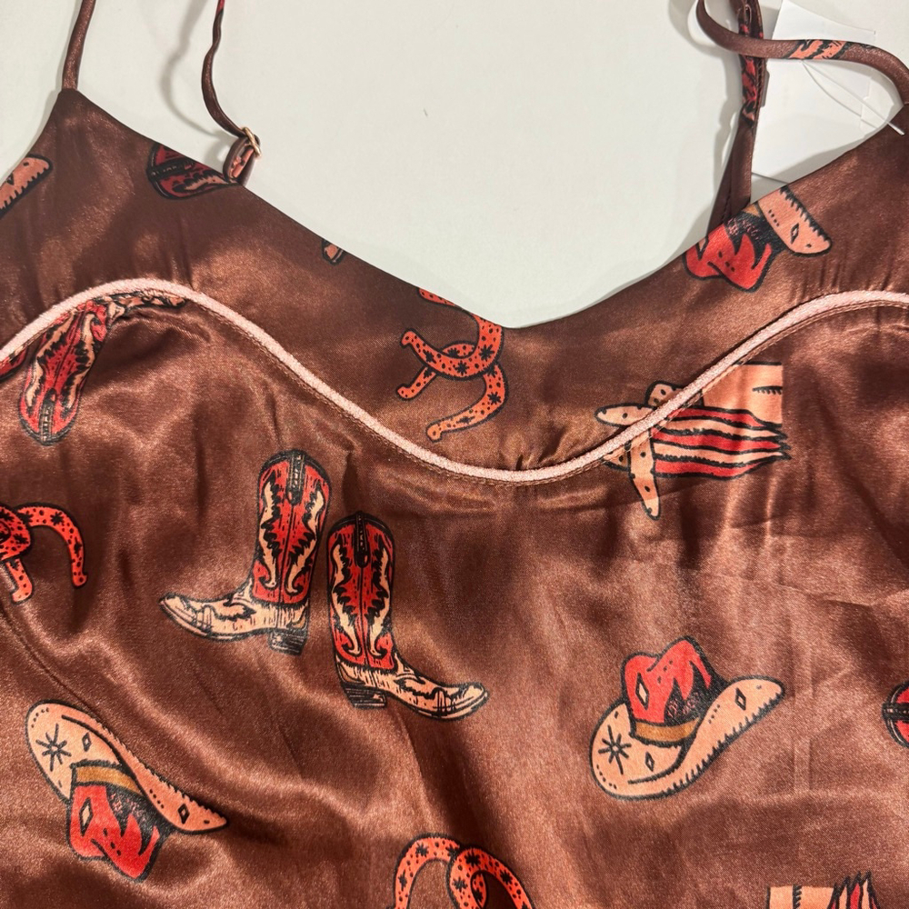 Size M western inspired brown satin camisole/tank cowboy hat boot print - Picture 10 of 10